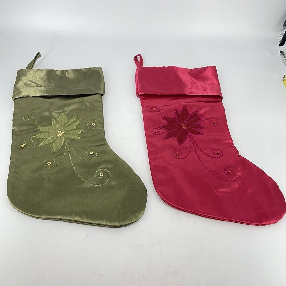 Set of 2 Sateen Embroidered Christmas Holiday Stocking Green Pink